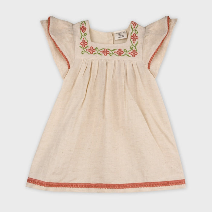 Linen Embroidered Floral Baby Dress & Bloomer