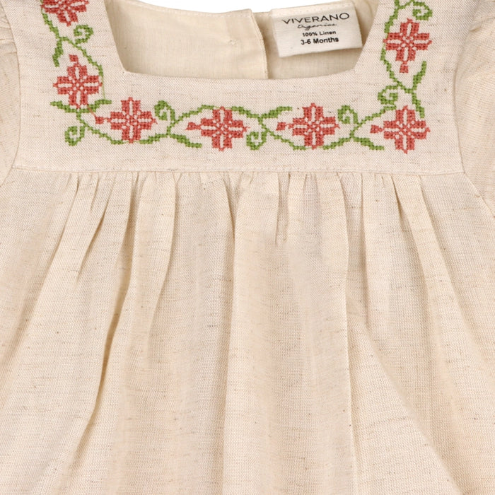 Linen Embroidered Floral Baby Dress & Bloomer