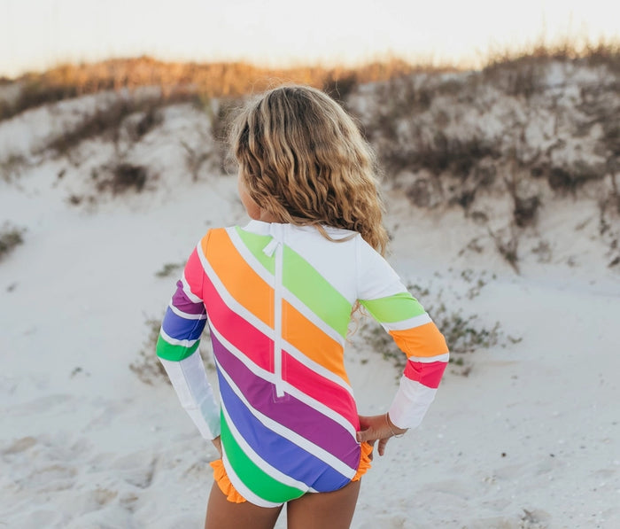 Bright Neon Stripe Zip Rash Guard One Piece Swim