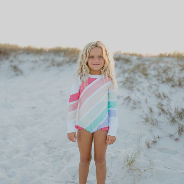 Pastel Rainbow Stripe Zip Rash Guard One Piece Swim